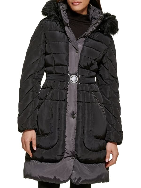 

Пуховик с поясом и отделкой из искусственного меха Guess Black, Синий, Пуховик с поясом и отделкой из искусственного меха Guess Black