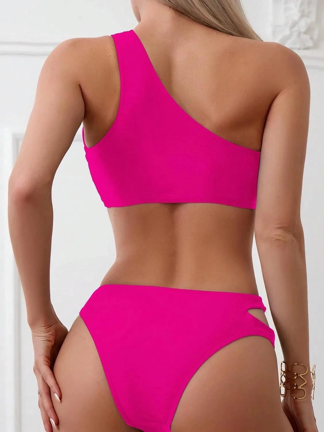 Женский бикини-сет с вырезами и асимметричным вырезом, Hot Pink — фото 2