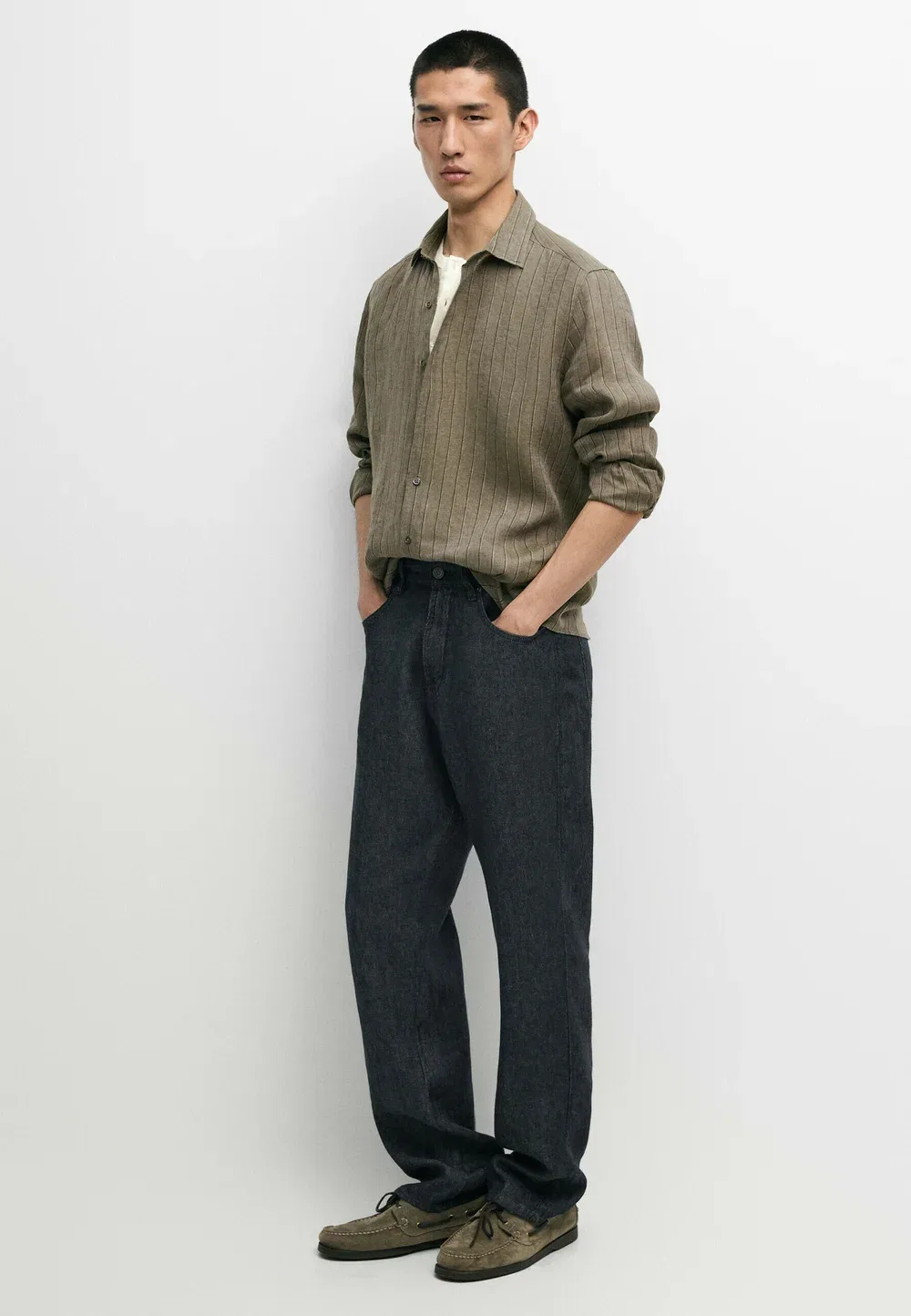 Рубашка в полоску, стандартный крой, 100% лен Massimo Dutti, Dark Green — фото 2