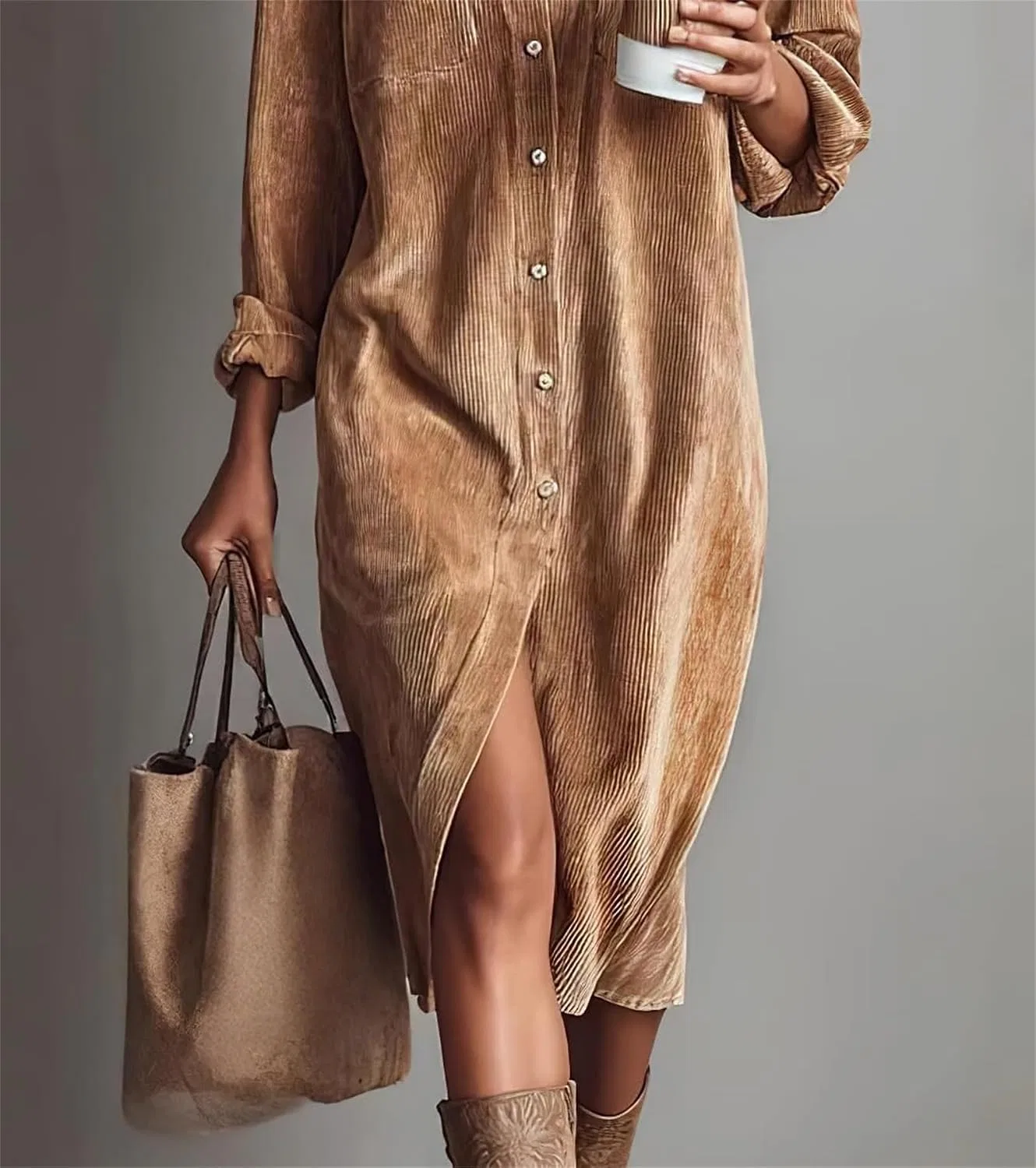 Женское платье-рубашка из вельвета на пуговицах, Coffee — фото 3