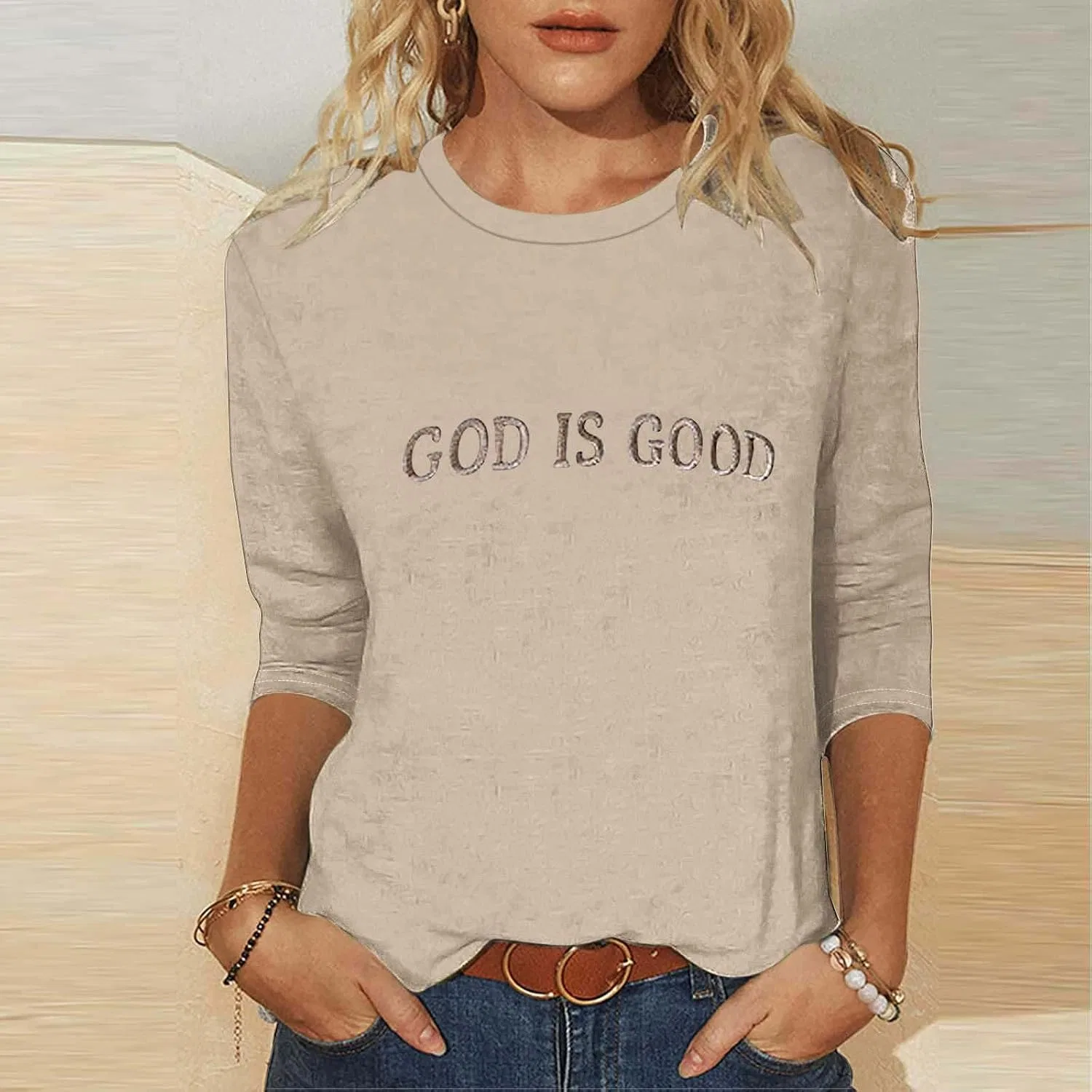 Женская футболка с длинным рукавом God is Good, бежевый — фото 2
