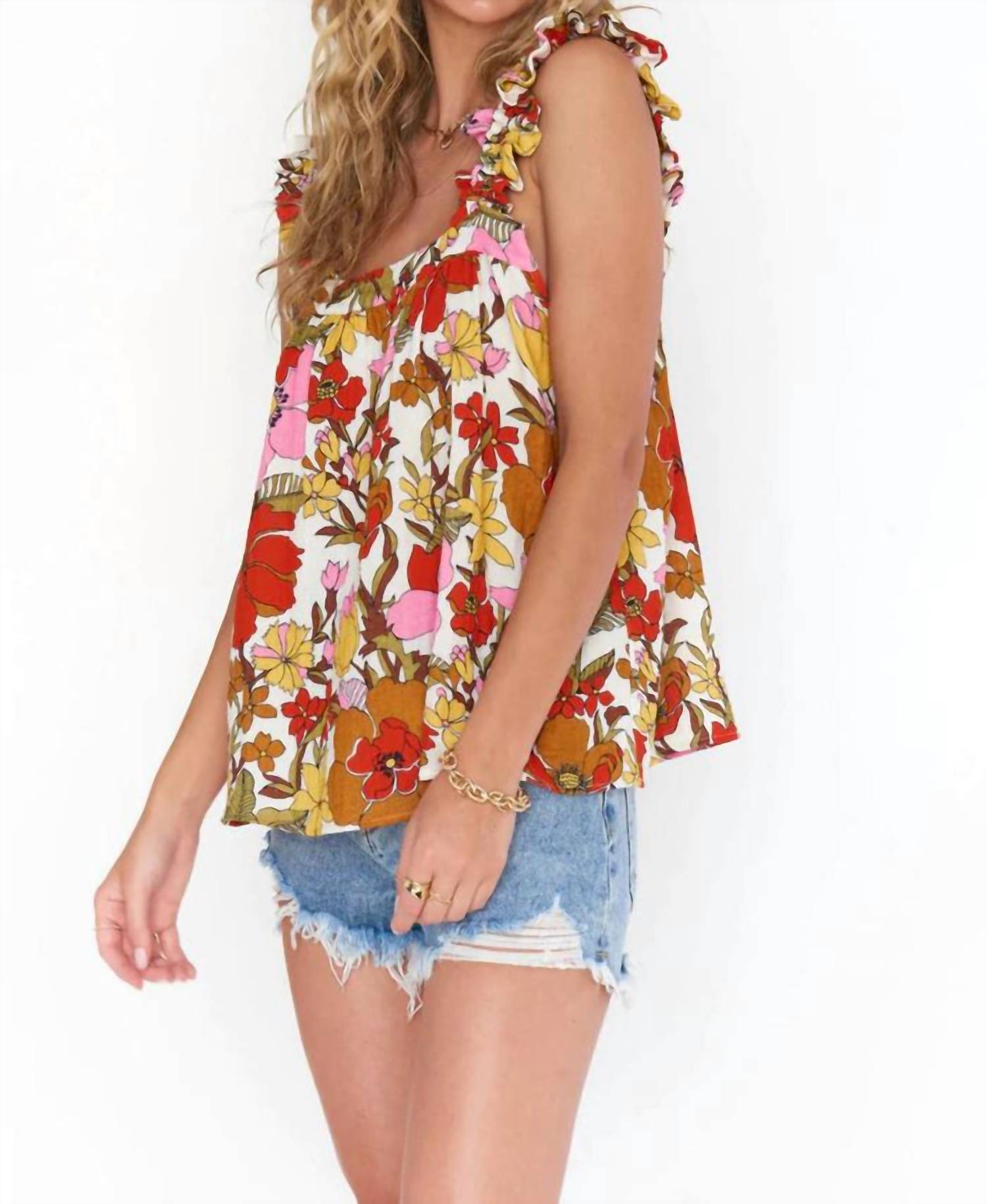 

Mazzy Ruffle Майка In Far Out Floral Show Me Your Mumu