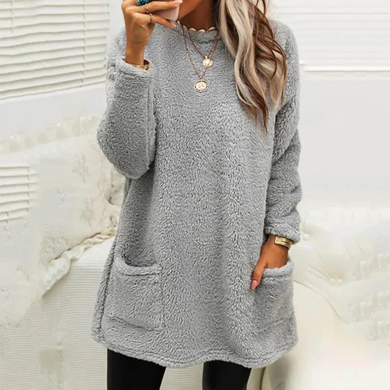 Женское зимнее пальто в полоску с флисом, свободного кроя, Grey — фото 3