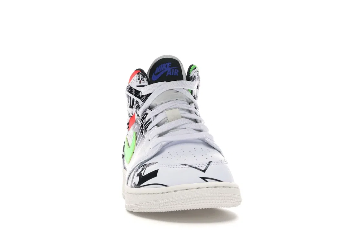 Детские кроссовки с принтом Jordan 1 Mid All Over Logos Jordan, White/Racer Blue-Black-Cyber-Infrared 23-Sail — фото 2