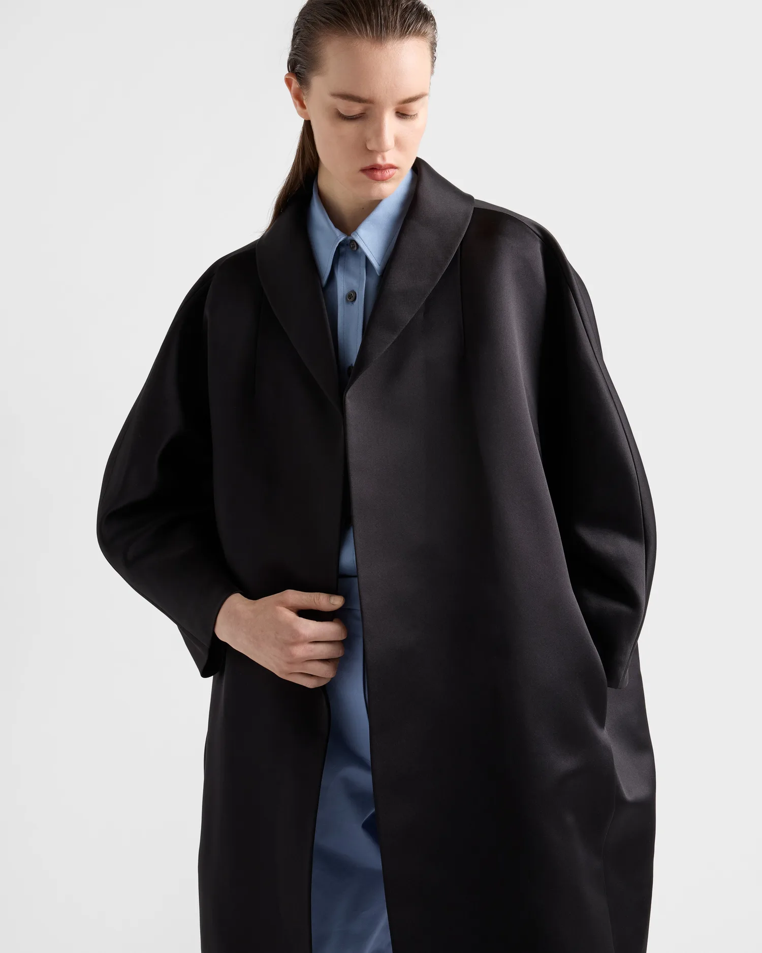 Однобортное пальто из двойного атласа Prada, черный — фото 4