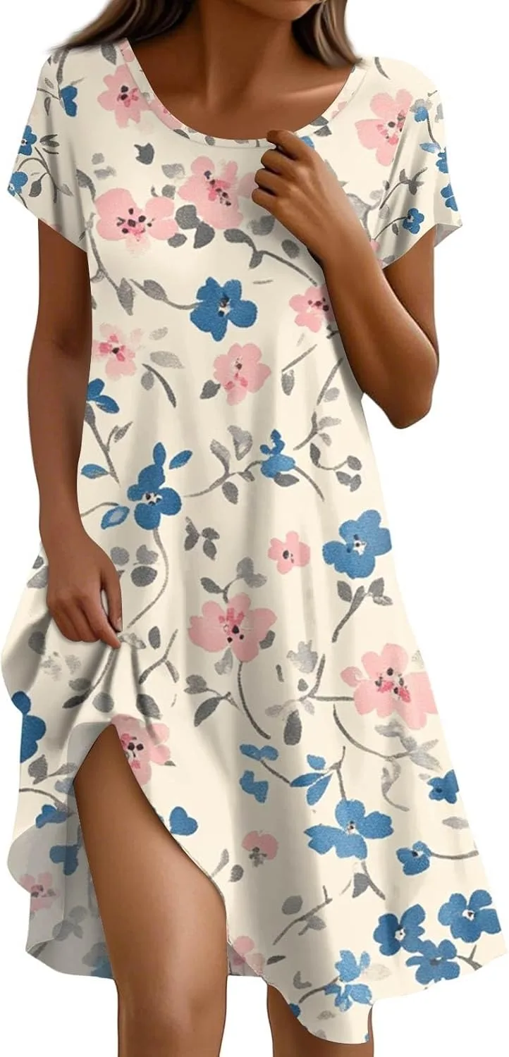 Женское летнее платье 2026 Beach Flower Boho с коротким рукавом, свободное повседневное платье-футболка с круглым вырезом и карманами Generic, желтый