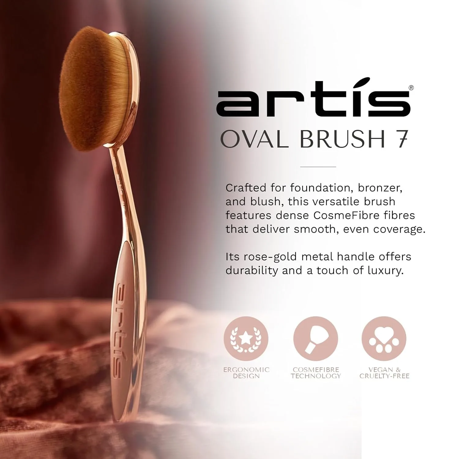 Artis Elite Oval 7 Blonde Fibre Brush - профессиональная плотная кисть для тональной основы, кремов, пудр, BB-крема, SPF и контуринга, эффект аэрографа, цвет Rose Gold, Rose Gold — фото 2