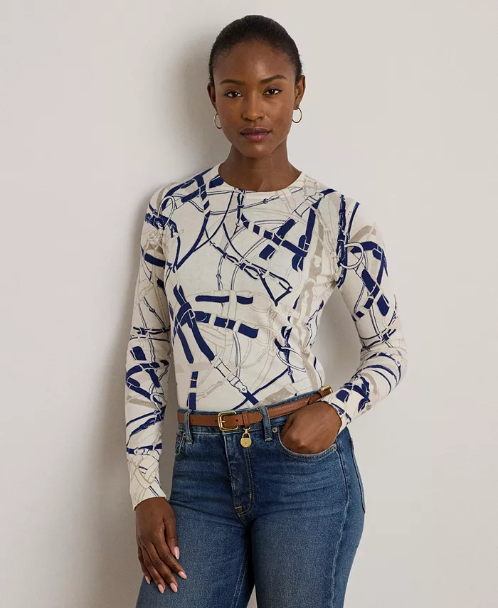 

Женский свитер из хлопковой смеси с принтом пояса Lauren Ralph Lauren, белый