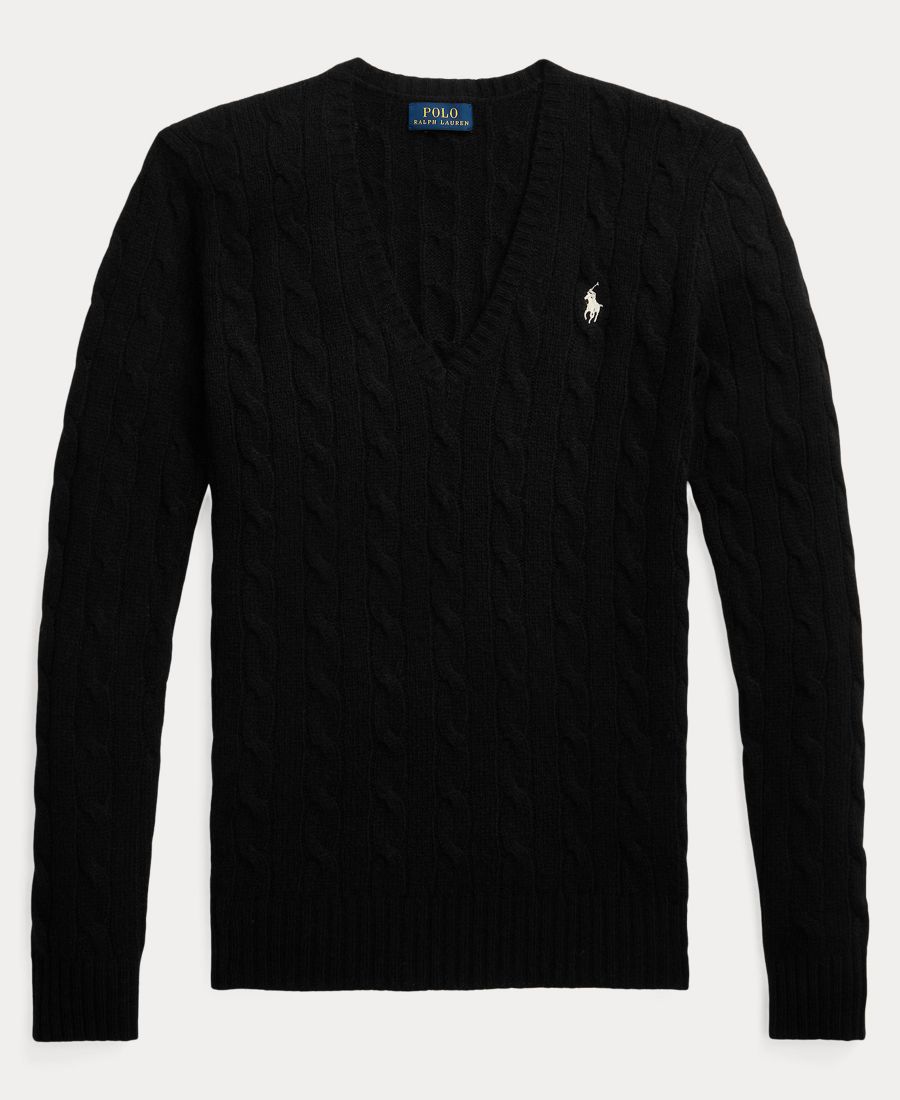 Женский свитер с V-образным вырезом из шерсти и кашемира с косами Polo Ralph Lauren, Polo Black — фото 2