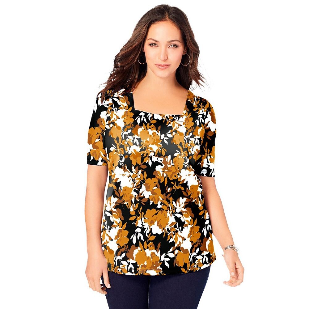 

Женская футболка из эластичного хлопка с квадратным вырезом Jessica London больших размеров, цвет Gold Shadow Floral