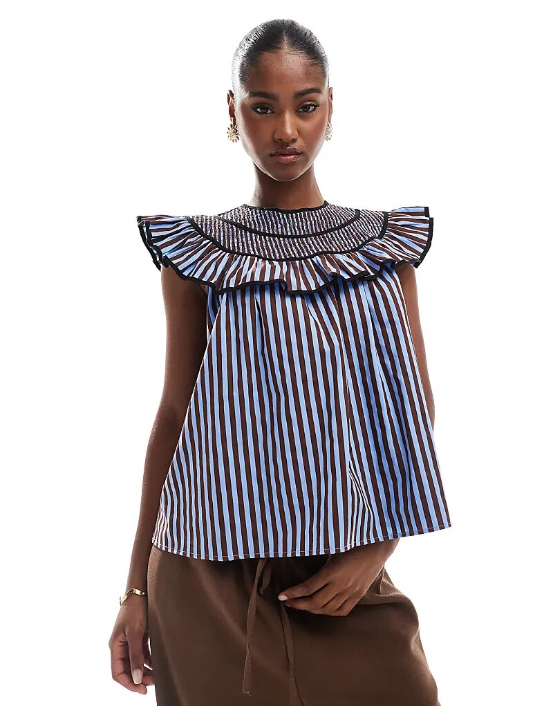 

Топ ASOS DESIGN с присборенной кокеткой в сине-коричневую полоску