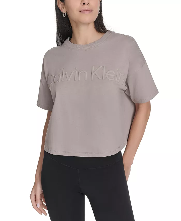

Женская хлопковая футболка с объемным логотипом Calvin Klein, коричневый/бежевый