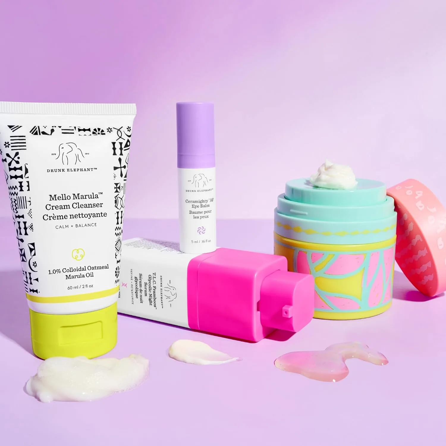 Drunk Elephant Opening Night Kit: крем Bora Barrier (50 мл), очищающий крем Mello Marula (60 мл), ночная сыворотка TLC Framboos (15 мл), крем Ceramighty (5 мл) — фото 3
