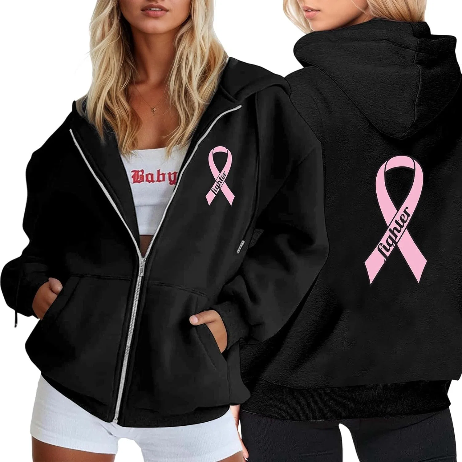 Худи женское на молнии, бренд Breast Cancer Awareness, черное