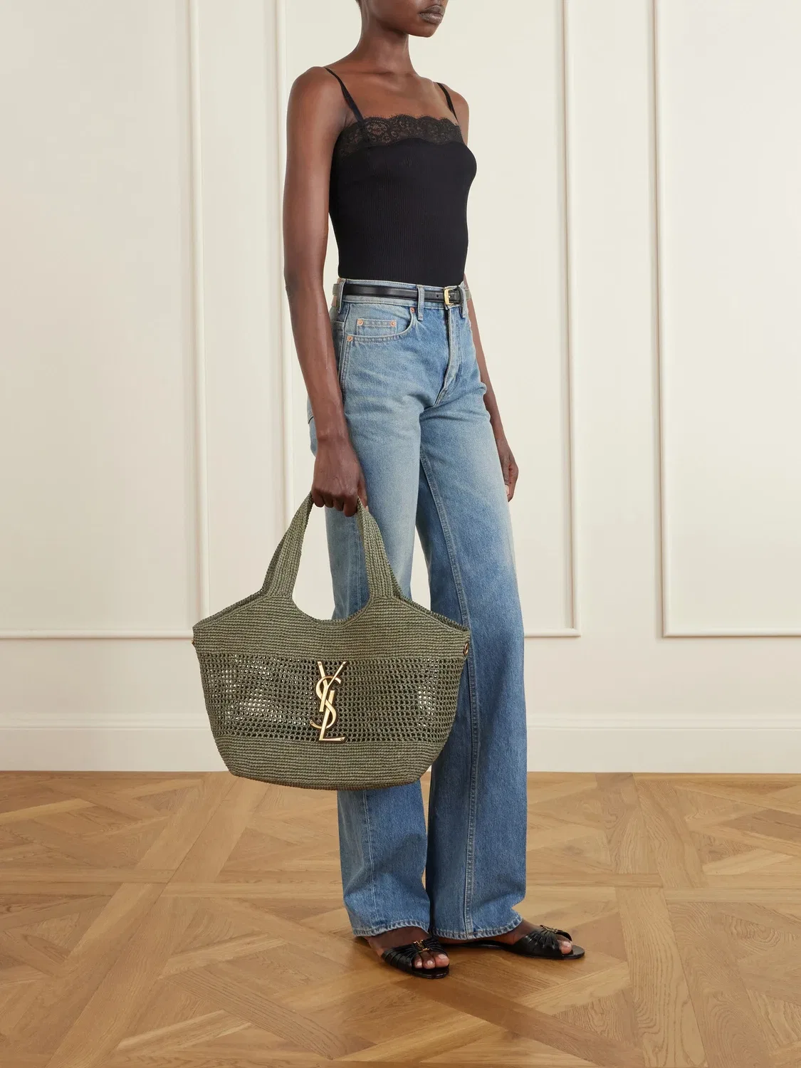 Icare макси плетеная сумка-тоут из рафии с кожаной отделкой SAINT LAURENT, бирюзовый — фото 3