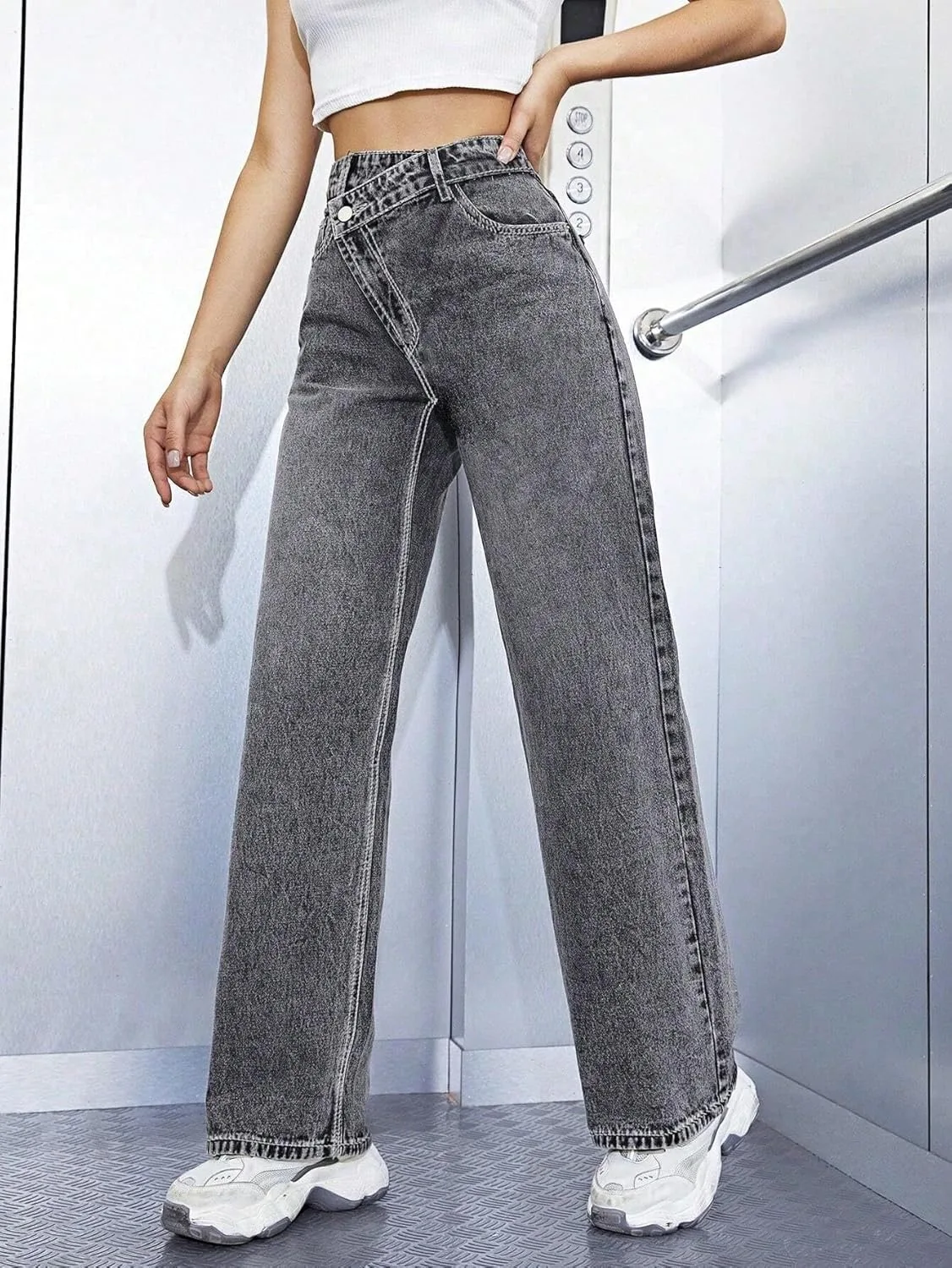 Женские классические джинсы Loose Fit с асимметричным высоким поясом и прямыми штанинами Generic, серый — фото 3