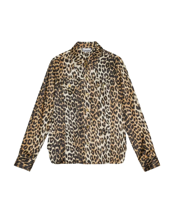 

Атласная рубашка с леопардовым принтом Ganni, коричневый