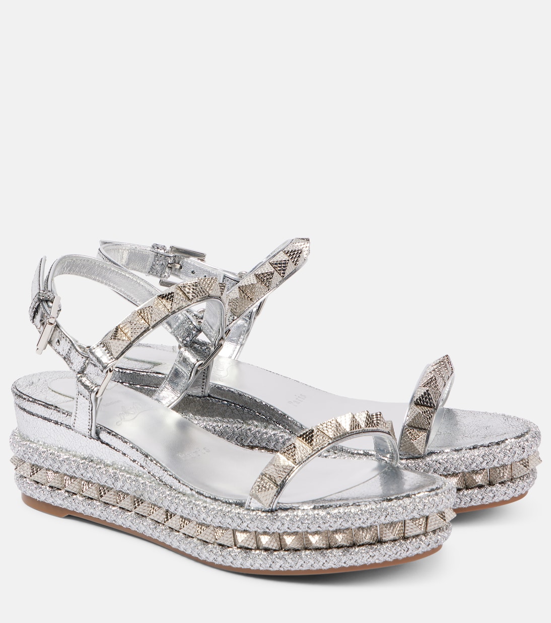 Пираклу 60 кожаные эспадрильи на платформе с шипами Christian Louboutin, Silver/Lin Silver