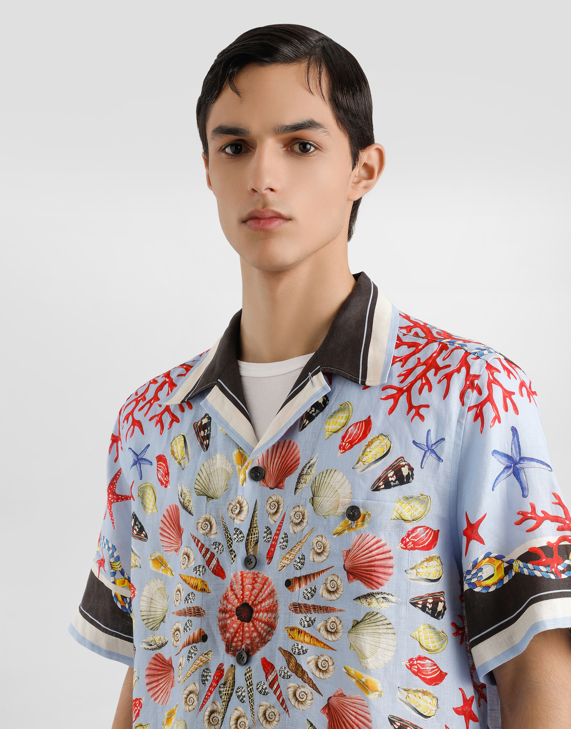 Льняная рубашка гавайского кроя с принтом ракушек Dolce & Gabbana, мультиколор — фото 4