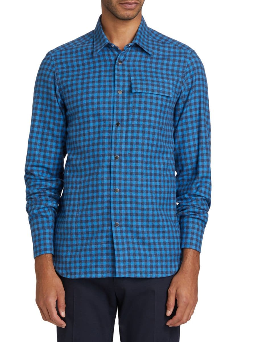 

Рубашка из хлопка в клетку с застежкой спереди Kiton, цвет Sky Blue