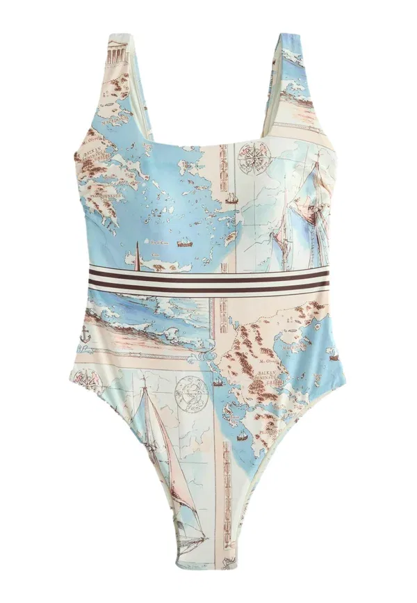 Купальник Next Tall fit scoop square neck swimsuit, кремово-голубой с картой — фото 3