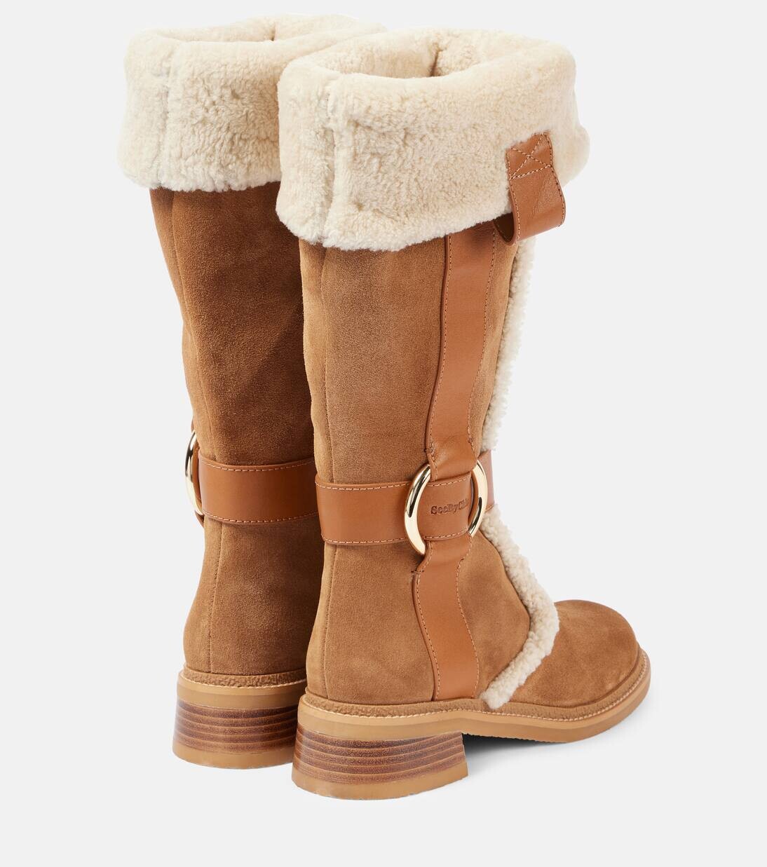 Новые сапоги Ring из замши и овчины до колена See By Chloé, цвет tobacco/tan/sand — фото 3