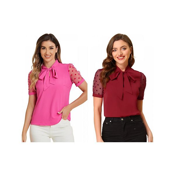 

2 упаковки блузки с воротником-бабочкой и коротким сетчатым рукавом Inspire Chic, Burgundy Hot Pink