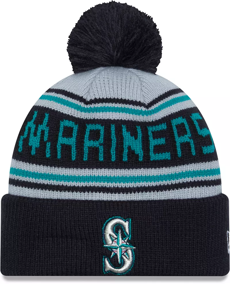 

Темно-синяя вязаная шапка New Era для взрослых Seattle Mariners с надписью и помпоном