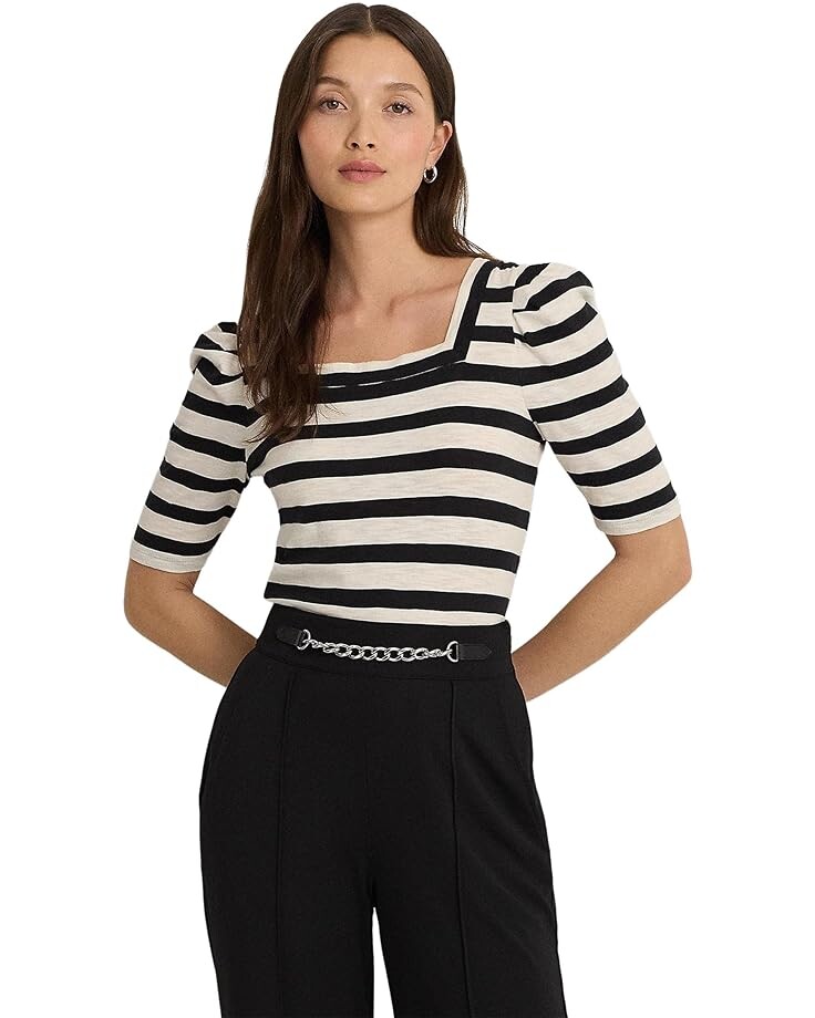 

Футболка LAUREN Ralph Lauren Striped Cotton Jersey Puff-Sleeve, цвет Mascarpone Crm/Black