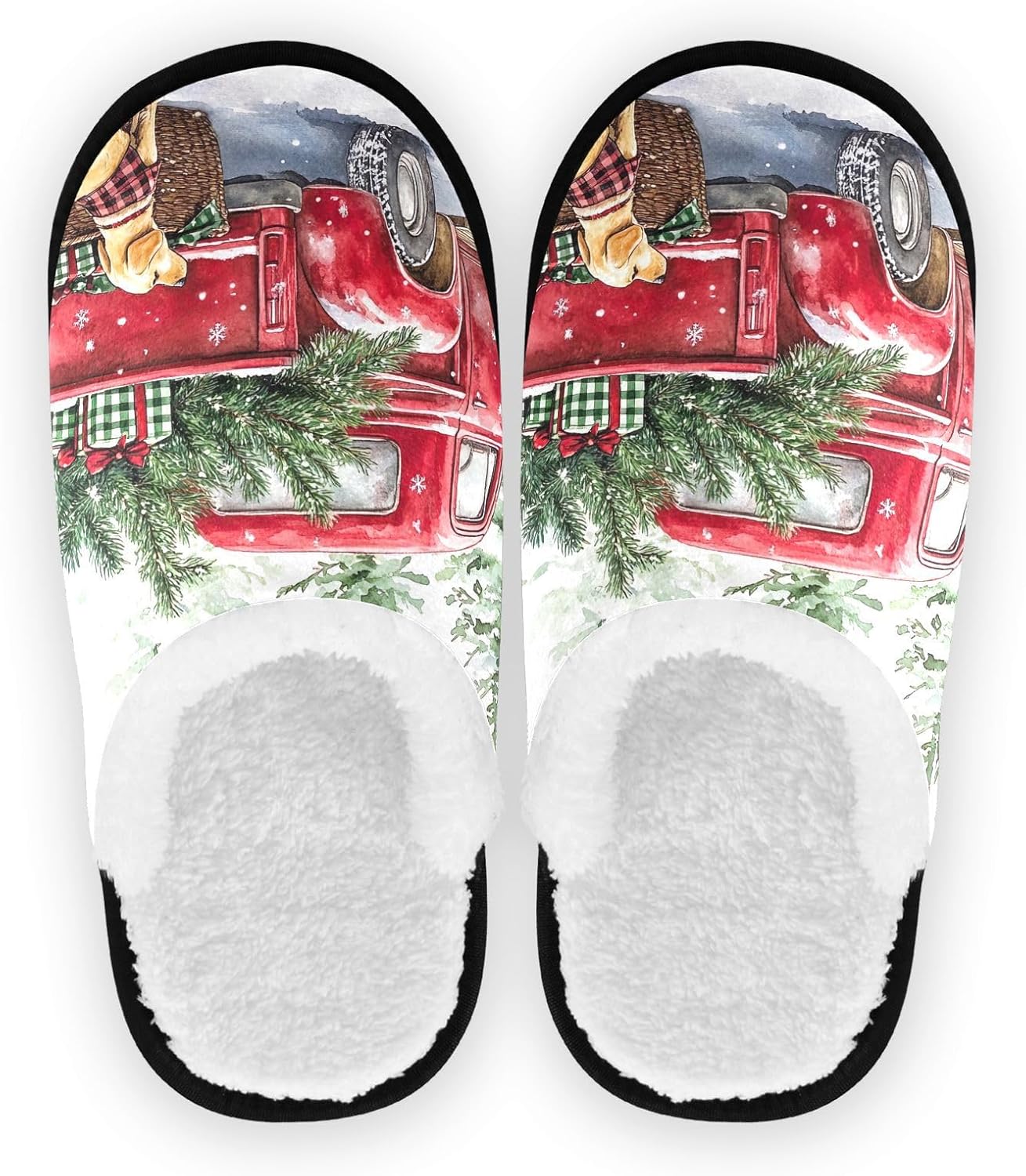 

Зимние рождественские домашние тапочки UMIRIKO с собакой и красным грузовиком, для женщин и мужчин, моющиеся, с нескользящей подошвой, с сумкой для хранения, для путешествий и СПА 20858898