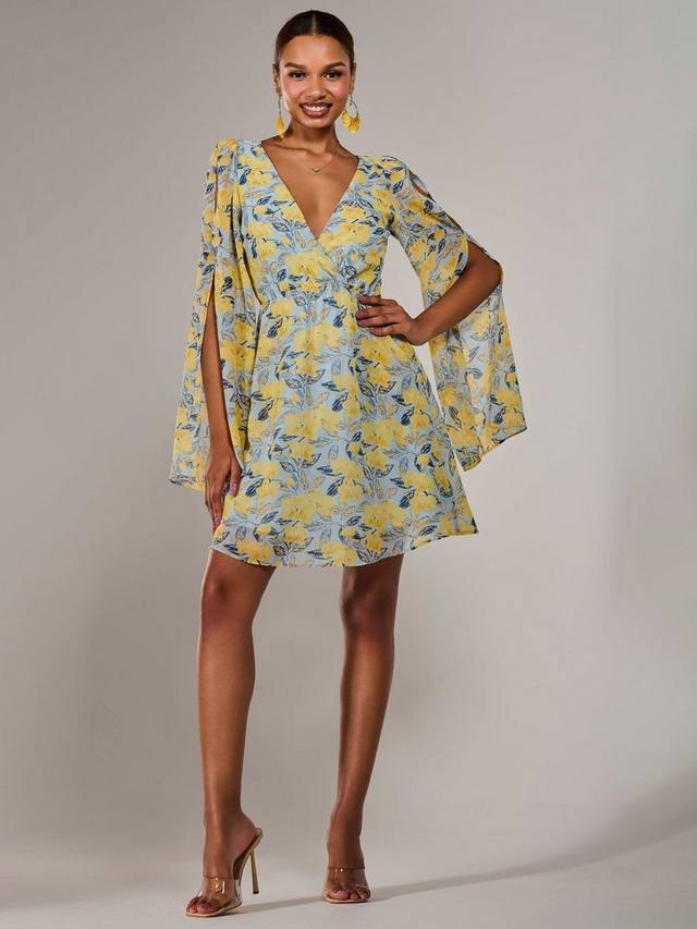 

Флоральное платье мини с разрезными рукавами из шифона Jolie Moi, Yellow