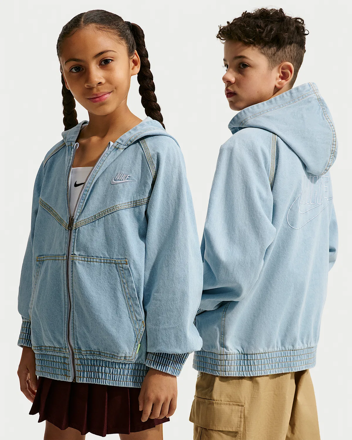Детская джинсовая куртка на молнии с капюшоном Nike Sportswear Collection, Light Armory Blue/Light Armory Blue/Wheat/Light Armory Blue