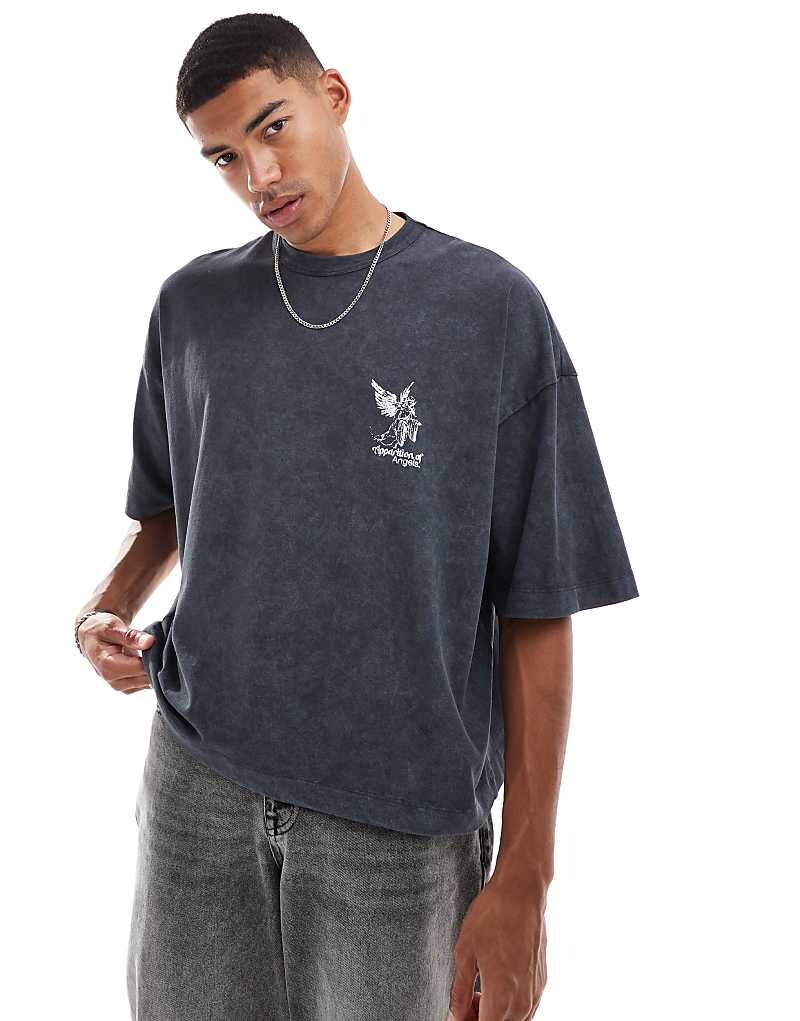 

Черная футболка оверсайз из плотной ткани плотностью 220 г/м² ASOS DESIGN с принтом ангела на груди