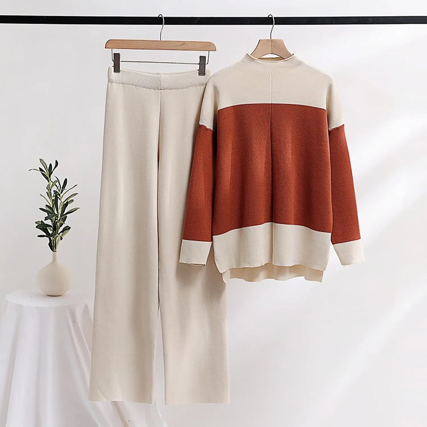 Спортивный костюм Ribbed Knit Long Sleeve Pullover Sweater Wide Leg Pants, A04_coffee — фото 3