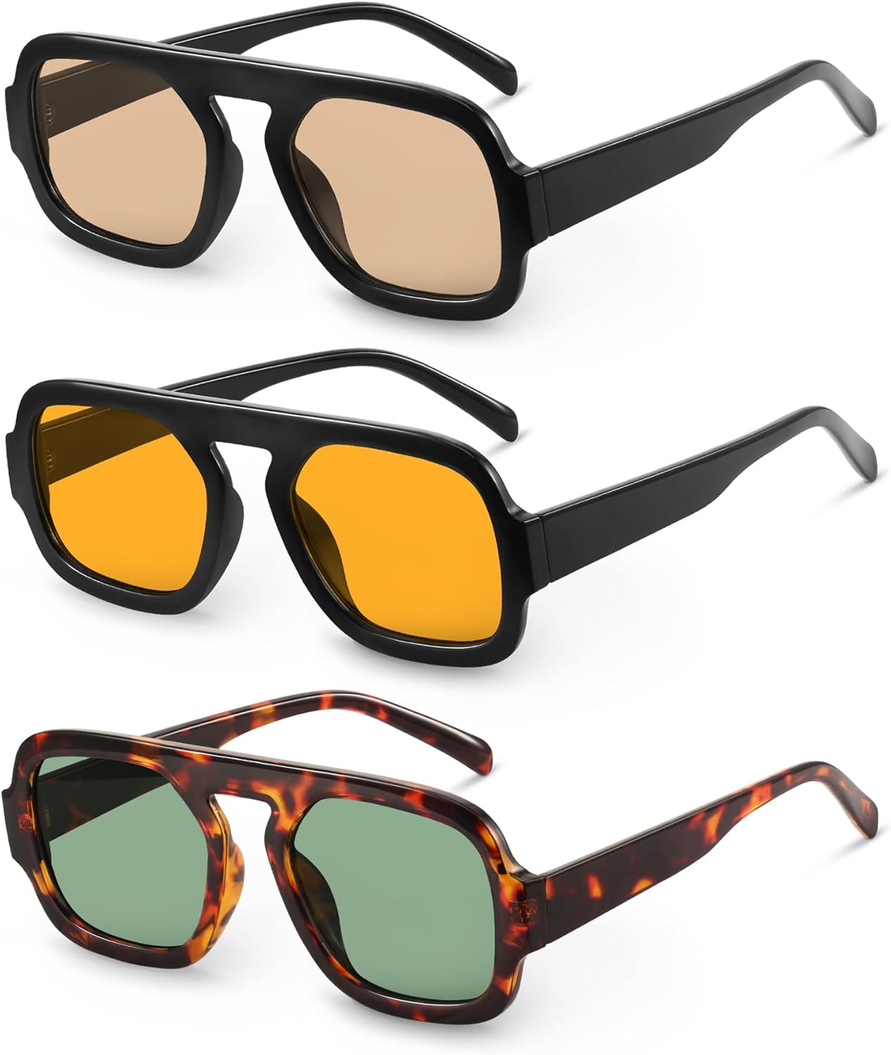 

Солнцезащитные очки-авиаторы YDAOWKN в стиле ретро, ​​квадратные, для женщин и мужчин, модные, с плоской верхней частью, защита от УФ-излучения, винтажные, (3 Pack) Black/Yellow+tortoise/Green+black/Light Brown