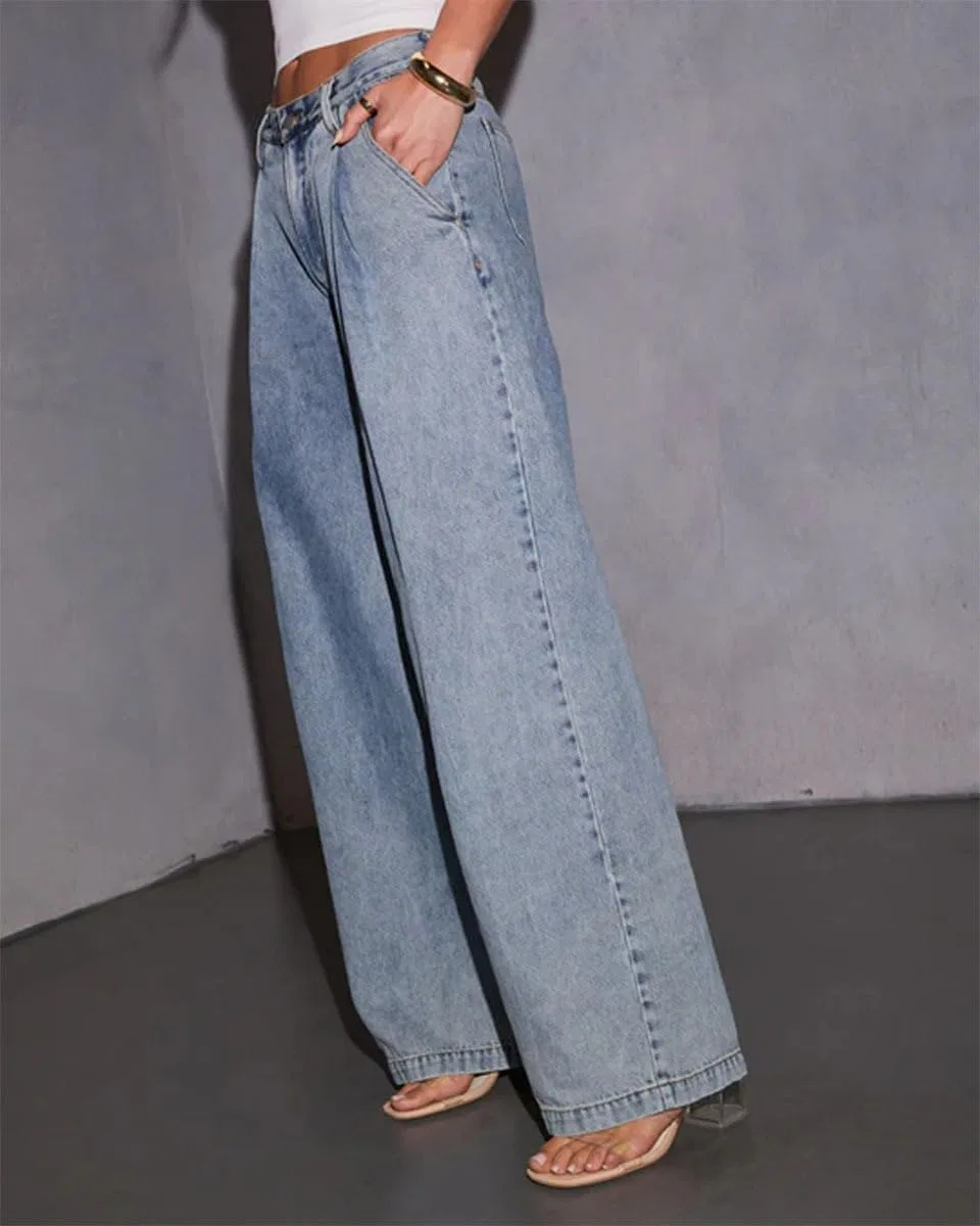 Женские джинсы с высокой талией, прямым широким кроем, в винтажном стиле, универсальные, с карманами Generic, синий — фото 2