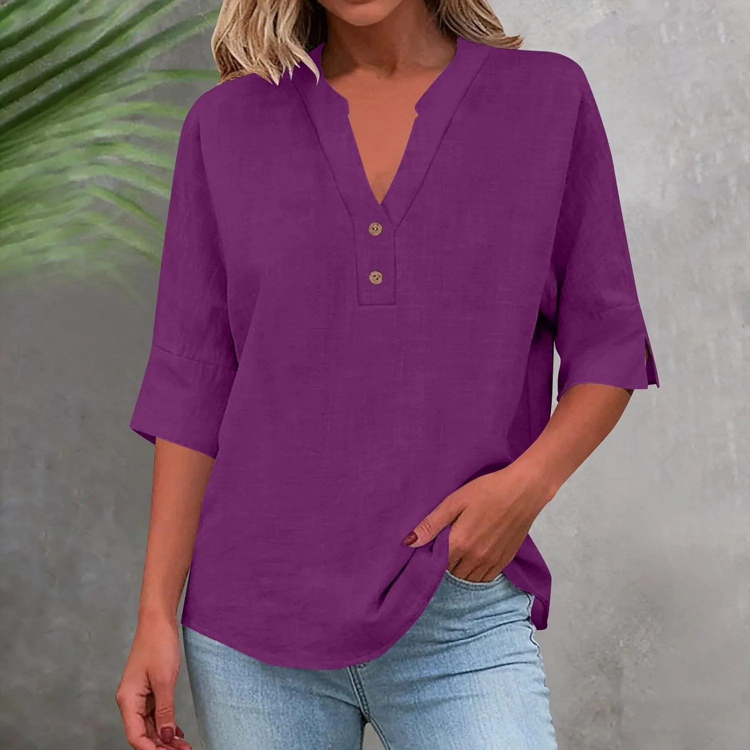 Женская блуза из хлопка и льна, Casual Henley, фиолетовый — фото 2