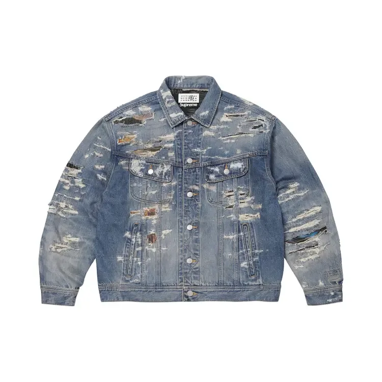 Джинсовая куртка Supreme x MM6 Maison Margiela из рваного денима с кромкой, цвет «выстиранный индиго»