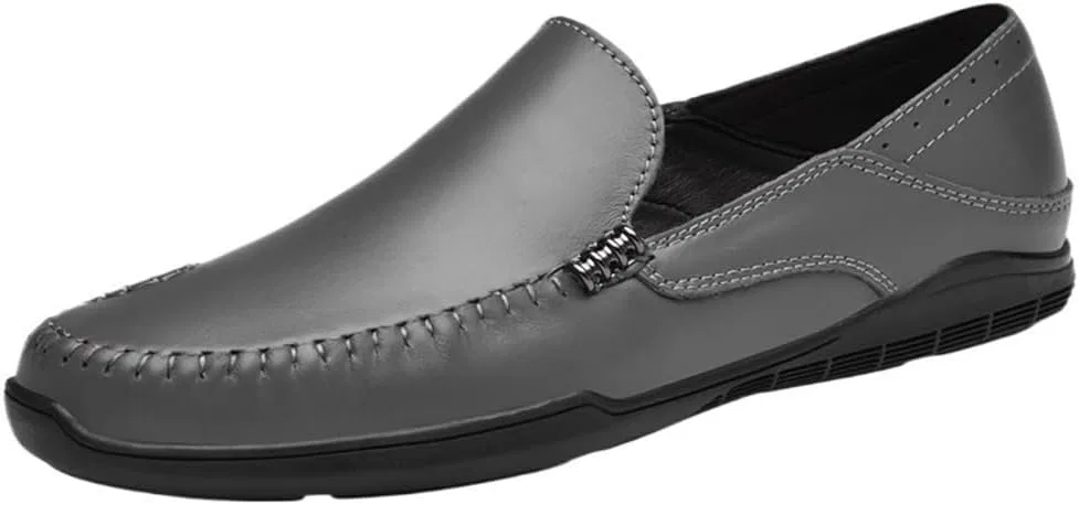 Лоферы кожаные Mens Leather Loafers Slip On Block Heel Round Toe Fashion Casual Prom Shoes Non Slip Rubber Sole, серый UOPYNE