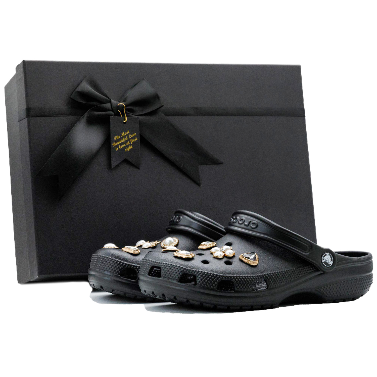 

Crocs Классические клоги унисекс черные с блестками черное золото цветочная коробка, цвет Sparkling Black Gold Blossom Box