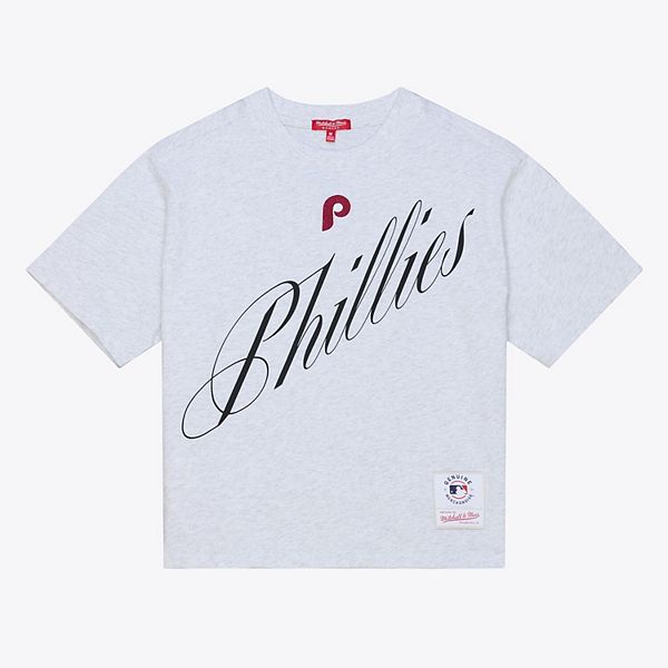 

Женская футболка heather gray philadelphia phillies script cropped boxy Mitchell & Ness