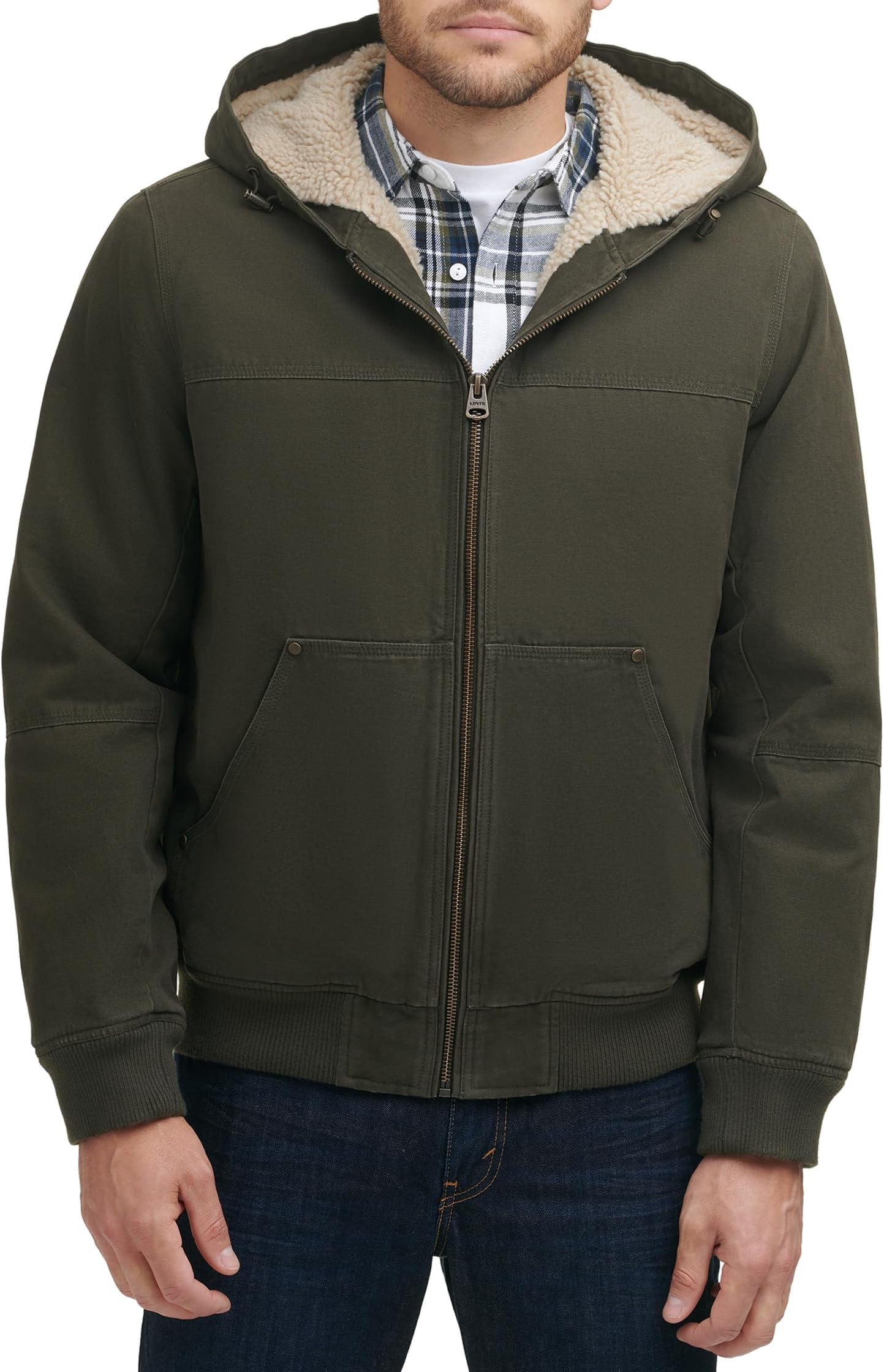 

Куртка Levi's Cotton Canvas Hooded Utility Jacket with Sherpa Lining, оливковый