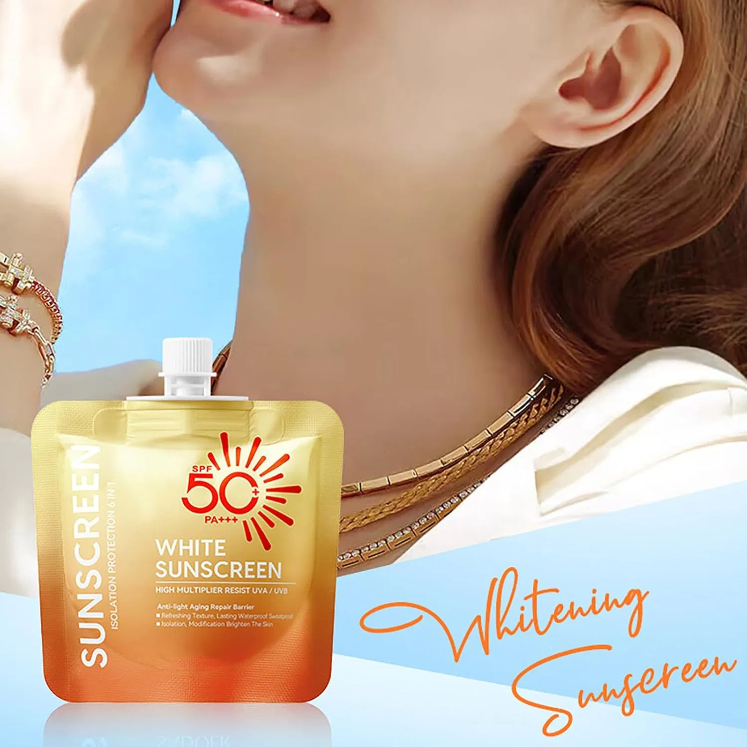 Солнцезащитный крем для лица и тела SPF 50+ PA+++ освежающий водостойкий, оранжевый Generic — фото 2