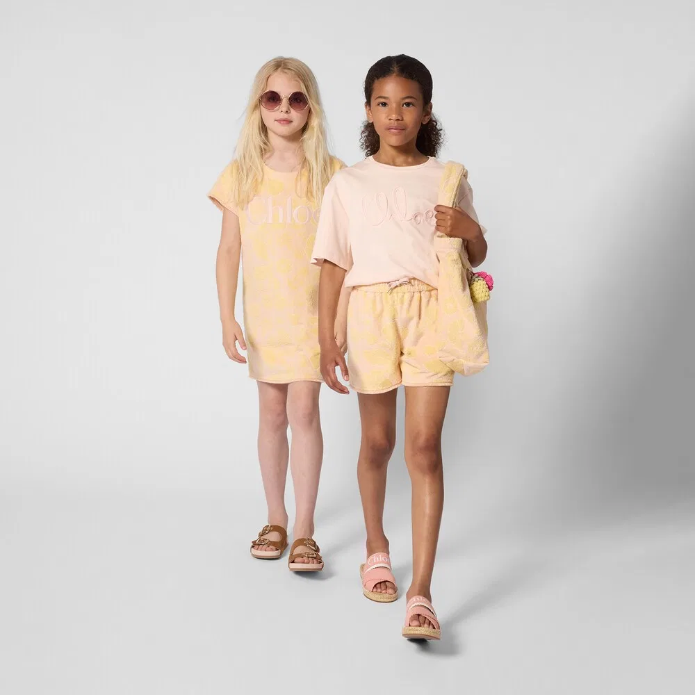 Платье из хлопковой махровой ткани с цветочным принтом и логотипом Chloé Kids, розовый — фото 4