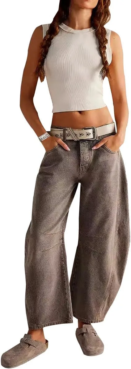 

Женские джинсы Vintage Mid Rise Barrel Crop Y2K Boyfriend Cargo Denim с карманами Zaswen