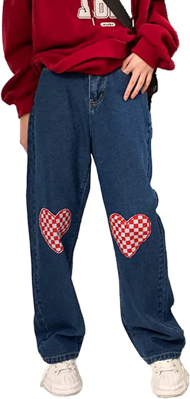 

Женские джинсы Heart Jeans с высокой талией, свободного кроя, прямые, с модным клетчатым принтом для стройнящего эффекта Loizziuy