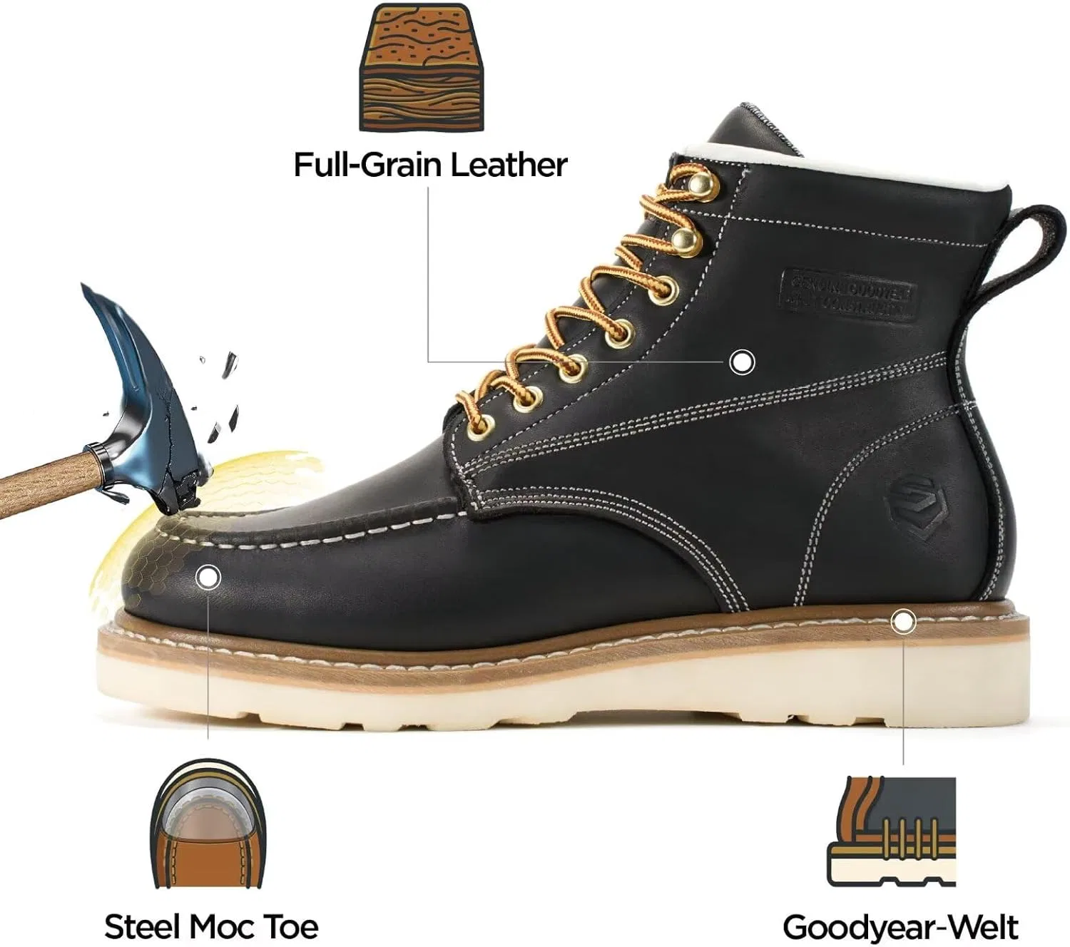Рабочие ботинки SUREWAY GoodyearWelt 6" для мужчин, из высококачественной натуральной кожи, на танкетке, легкие, с удобной стелькой, масляным противоскользящим покрытием EH, для промышленного строительства, Steel Toe Cap, Black — фото 4