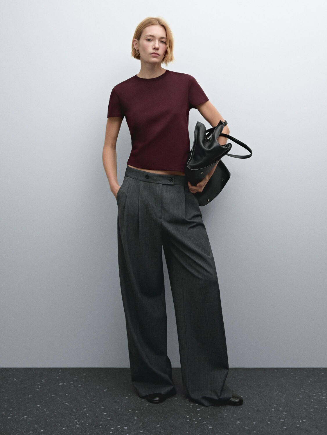 

Футболка из плотного хлопка с декоративными швами Massimo Dutti, бургундия