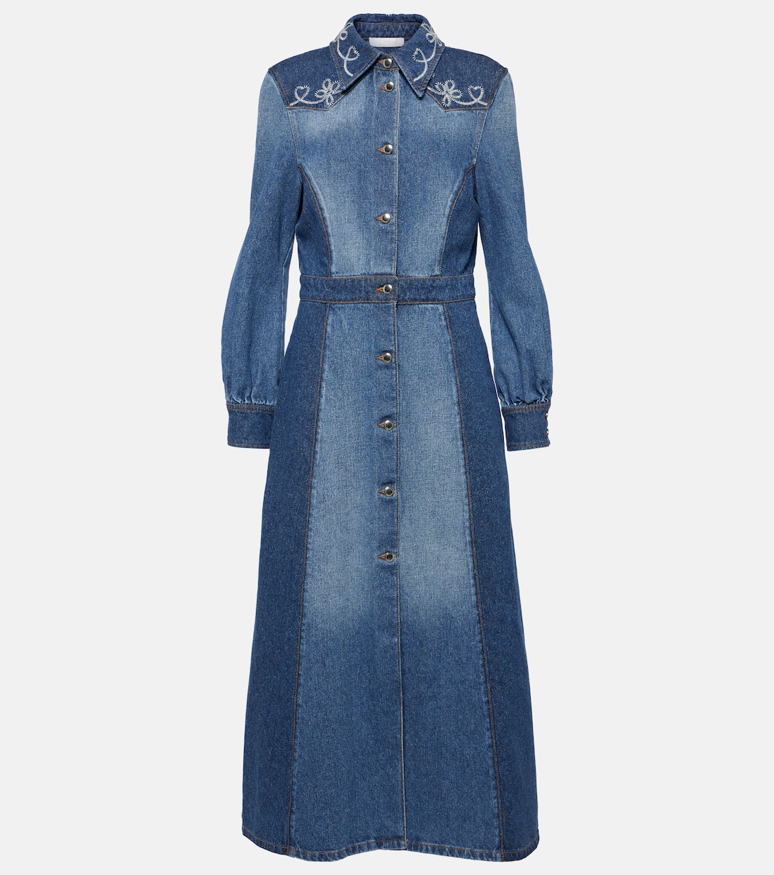 

Платье-рубашка из денима с вышивкой Chloé, Multicolor Blue
