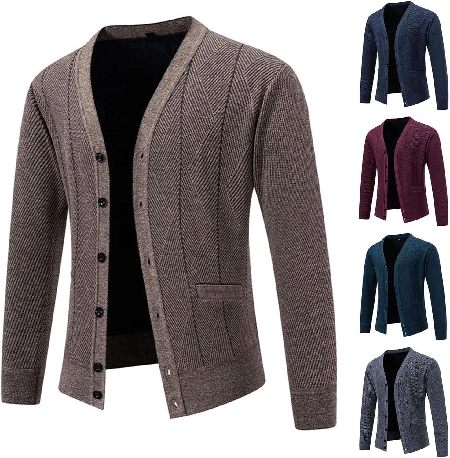 

Мужской кардиган с воротником V-образной формы, длинными рукавами и карманами